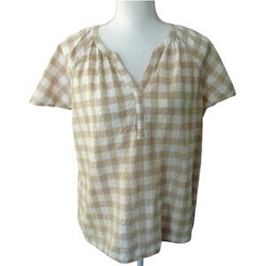 Sonoma Women's Tan & White Checked Short Sleeve V-neck Shirt Size XL